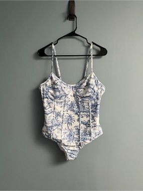 Blue Toile Corset-Style One-Piece Swimsuit/Bodysuit